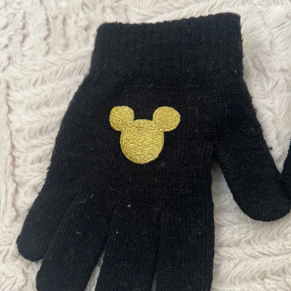 Black stretch knit gloves with gold color embroidered Mickey Mouse One size